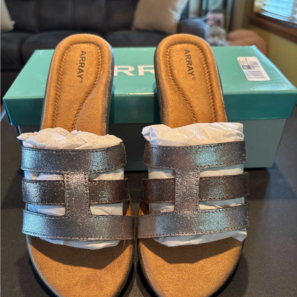 Array Women's Leather Metallic Silver and Copper Mules NIB Various sizes